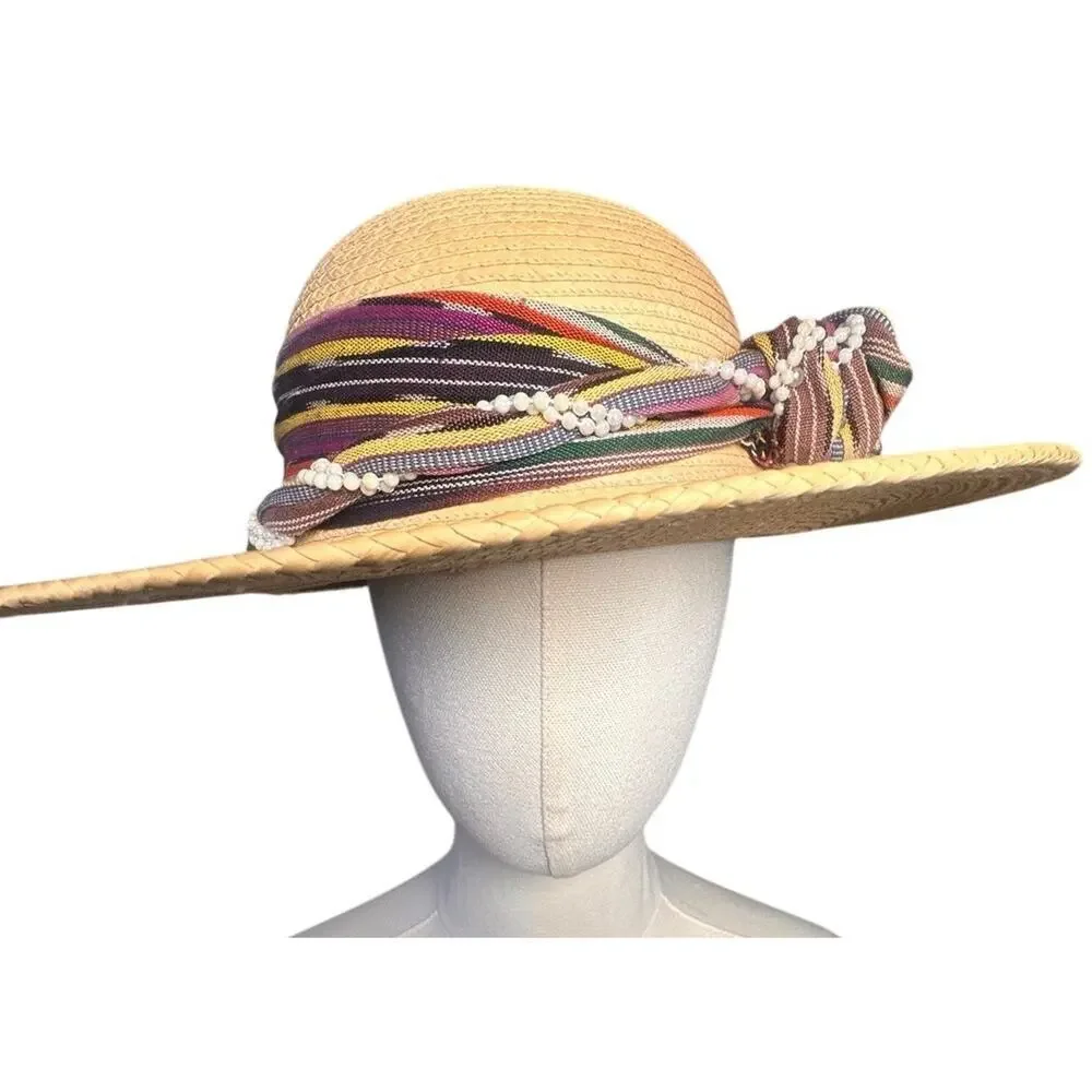 La Giralda Handcrafted Palm Leaves Sun Hat Sz 60 Multicolor Knot 90s Boho Resort - Picture 7 of 13
